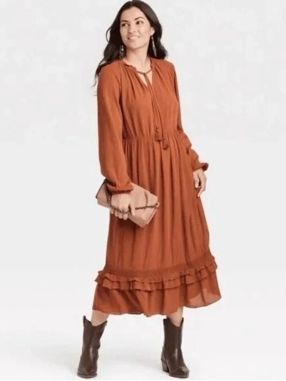 Knox Rose Rust Orange Boho Long-Sleeve Midi Dress with Tie Waist
